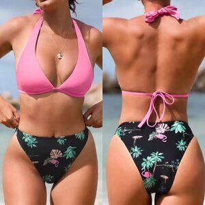 NWT Pink Black Sexy Bikini Set Size Medium Flamingo Green Tropical Print